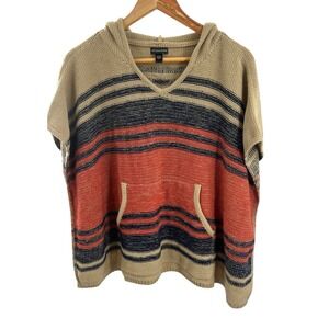 Saks Fifth Avenue Knit Hooded Poncho Top One‎ Size Coral Blue Stripe Sweater